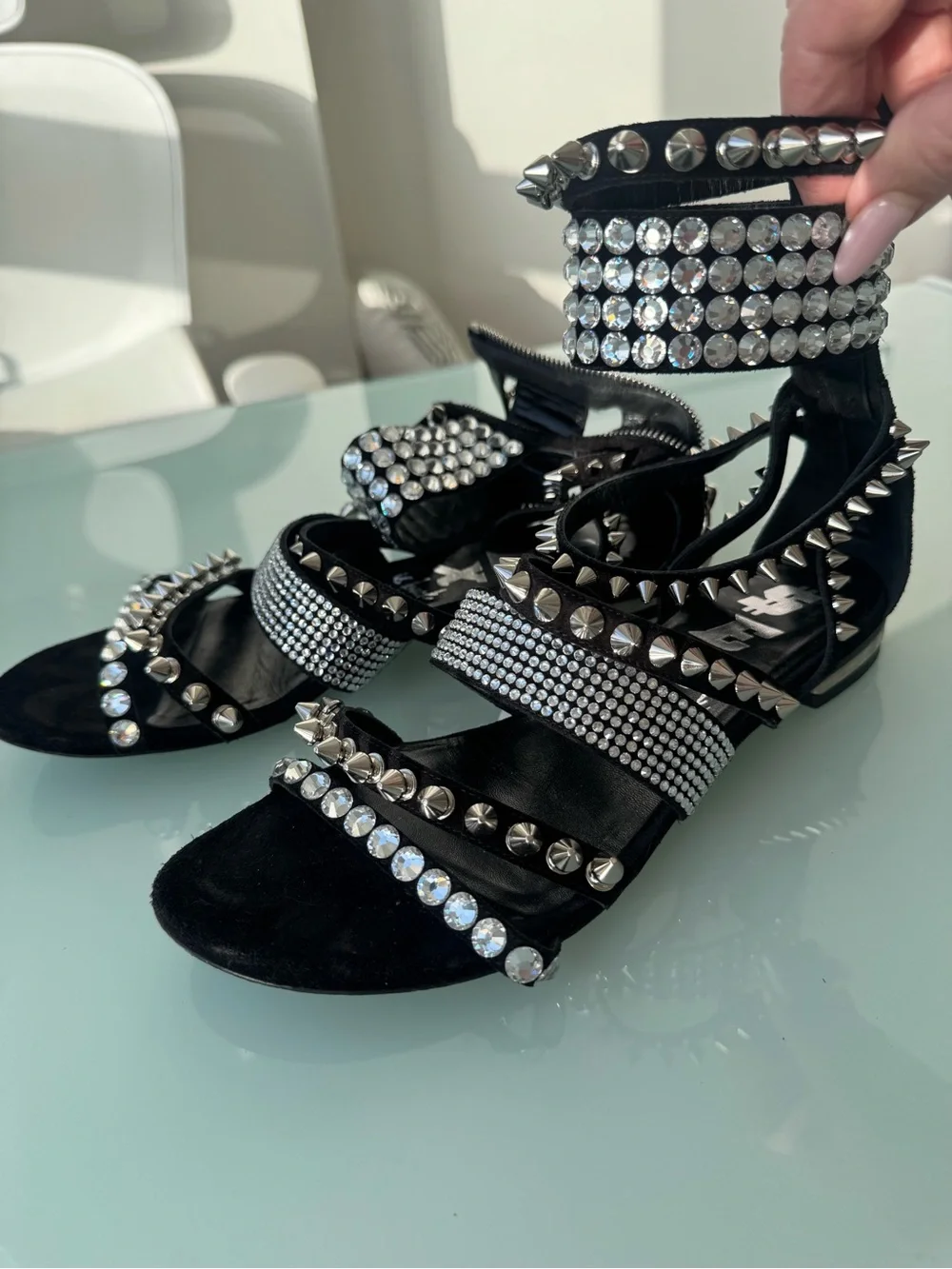 Philipp Plein Black Crystal & Studded Ankle-Strap Sandals